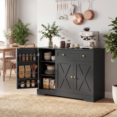 HOMCOM Sideboard Buffet Cabinet, Farmhouse Coffee Bar Cabinet with Door Shelves, Adjustable Shelves, Drawer, Barn Doors, Black