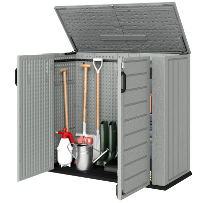 Outsunny 33 Cu.ft Plastic Outdoor Storage Shed, Storage Cabinet Tool Box with Lockable Double Doors and Flip-Top Lid Light Grey