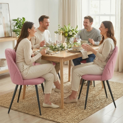 HOMCOM Modern Dining Chairs Set of 4, Upholstered Dining Room Chairs with Metal Legs, Shell Backrest, Padded Seat, Pink