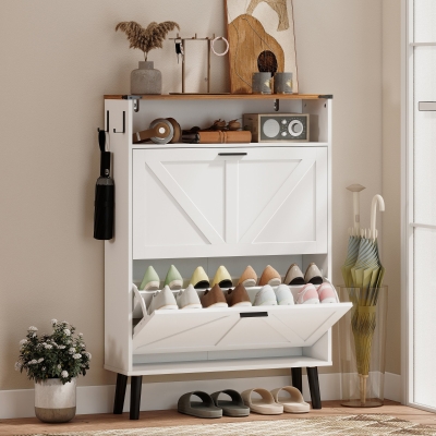 HOMCOM Shoe Storage Cabinet with 2 Flip Drawers, Farmhouse Narrow Shoe Cabinet, Holds Up to 16 Pairs, White