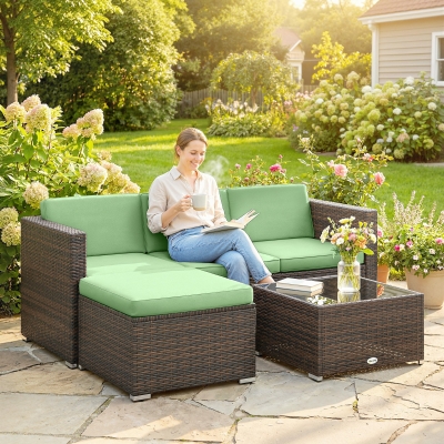 Outsunny 3 Pieces Patio Furniture Set with Cushions, Outdoor PE Rattan Wicker Conversation Corner Sofa Set, Light Green