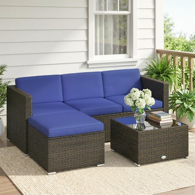 Outsunny 3 Pieces Patio Furniture Set with Cushions, Outdoor PE Rattan Wicker Conversation Corner Sofa Set with Glass Top Table