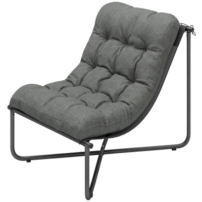 Outsunny Outdoor Patio Chair, Comfy Sling Lounge Chair with Cushion, Breathable Wide Seat, Steel Frame, Dark Grey
