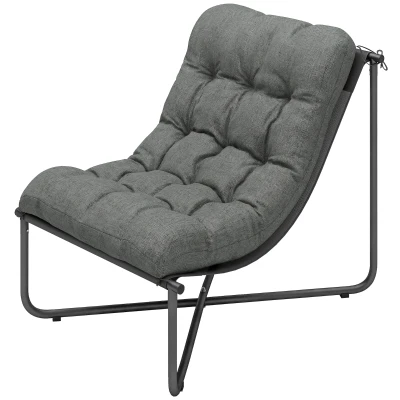 Outsunny Outdoor Patio Chair, Comfy Sling Lounge Chair with Cushion, Breathable Wide Seat, Steel Frame, Dark Grey