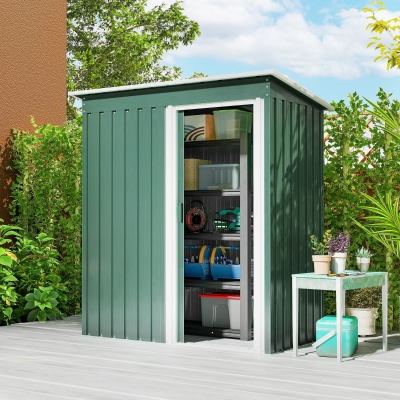 Outsunny 5 x 3 FT Outdoor Storage Shed with Sliding Door and Sloped Roof, Steel Frame Garden Shed Tool Equipment, Green