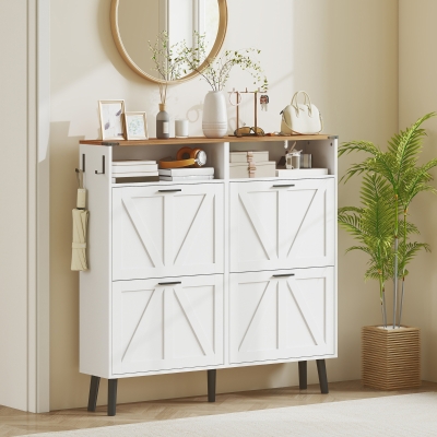 HOMCOM Shoe Storage Cabinet with 4 Flip Drawers, Farmhouse Narrow Shoe Cabinet, Holds Up to 24 Pairs, White