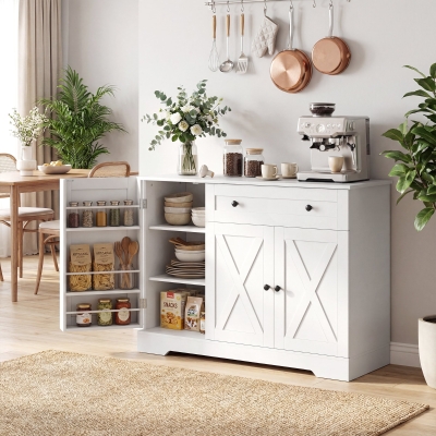 HOMCOM Sideboard Buffet Cabinet, Farmhouse Coffee Bar Cabinet with Door Shelves, Adjustable Shelves, Drawer, Barn Doors, White