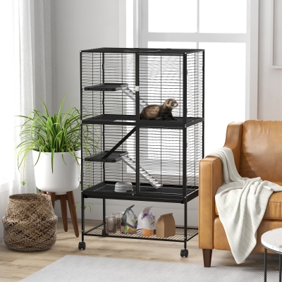 PawHut Rolling Small Animal Cage 54"H Chinchilla Cage for Ferrets, Squirrels w/ Removable Tray, Storage Shelf, Black