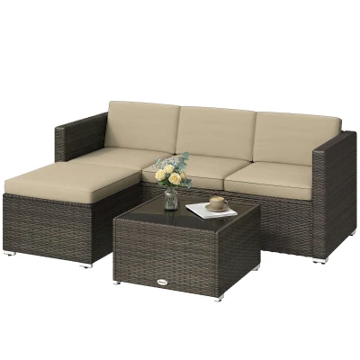 Outsunny 3 Pieces Patio Furniture Set with Cushions, Outdoor PE Rattan Wicker Conversation Corner Sofa Set, Khaki