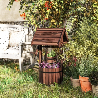 Outsunny Wood Wishing Well Outdoor Wooden Planter with Hanging Bucket and Drainage Hole for Garden, Patio, Backyard, Tan
