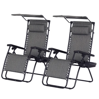 Outsunny Zero Gravity Chair Set of 2 with Canopy Shade, Outdoor Folding Lounge Chair with Side Tray, Cup Holder, Reclining Lounger with Breathable Mesh Seat and Pillow, Dark Grey