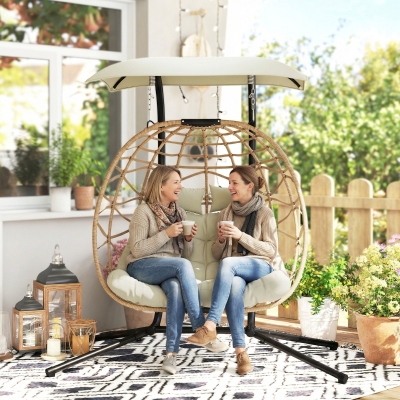 Outsunny Double Wicker Egg Swing Chair with Canopy, Foldable Hanging Egg Chair with Stand Cushion Headrest, Beige