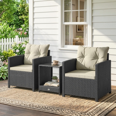 Outsunny Outdoor Bistro Set, 3 Piece Wicker Patio Furniture Set with 2-Tier Glass Top Table, Cushions for Porch, Balcony, Beige