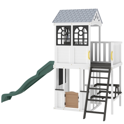 Qaba Two-Story Wooden Kids Playhouse with Slide, Table & Bench, White
