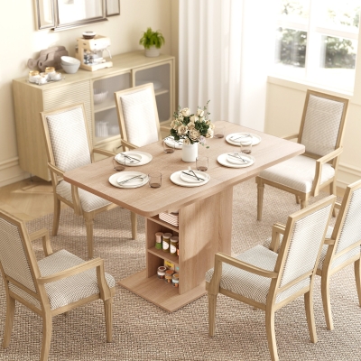 HOMCOM Extendable Dining Table for 4-6 People, 43.3"-51.2" Kitchen Table with 6 Open Shelves, Natural Wood