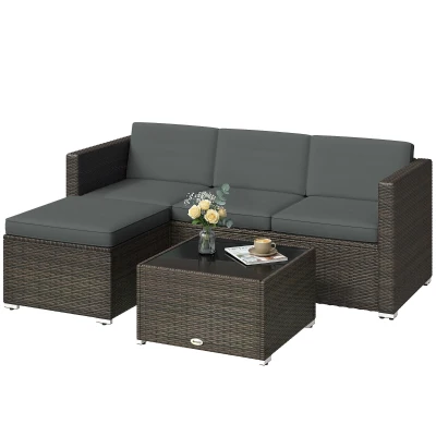 Outsunny 3 Pieces Patio Furniture Set with Cushions, Outdoor PE Rattan Wicker Conversation Corner Sofa Set, Dark Grey