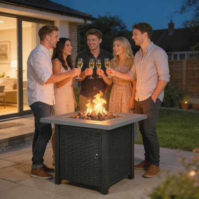 Outsunny Propane Fire Pit Table, 28" 40000 BTU Outdoor Gas Fire Table with Lava Rocks and Lid, Black