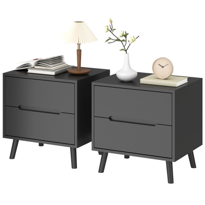 HOMCOM Nightstands Set of 2, Bedside Table with 2 Drawers, Modern Side End Table with Solid  Wood Legs for Bedroom, Black
