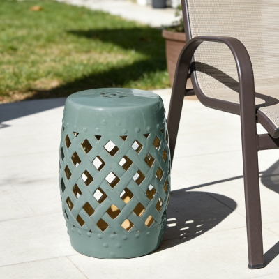 Outsunny 18" Ceramic Garden Stool with Woven Lattice Design, Indoor & Outdoor Decorative Accent Stool, Blue
