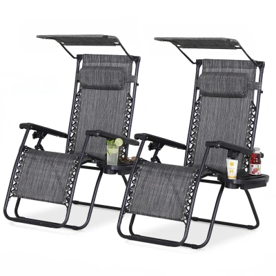 Outsunny Zero Gravity Chair Set of 2 with Canopy Shade, Outdoor Folding Lounge Chair with Side Tray, Cup Holder, Reclining Lounger with Breathable Mesh Seat and Pillow, Dark Grey