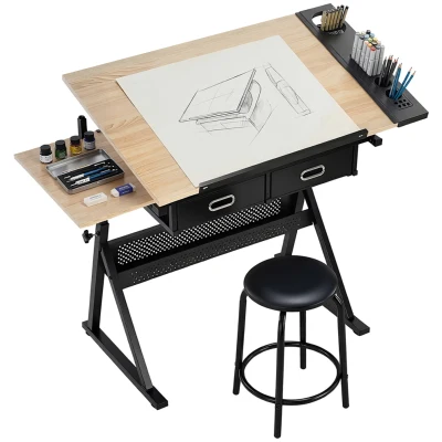 HOMCOM Adjustable Drafting Table, Art Desk Drawing Table Workstation with Stool and Storage Drawers for Painting, Oak