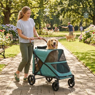 PawHut Dog Stroller for Large Dogs, 88 LBS, Adjustable Handle, Blue