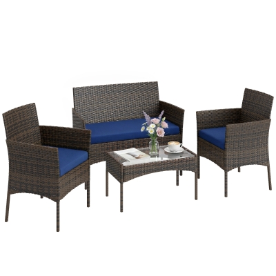 Outsunny 4 Pieces Wicker Outdoor Balcony Furniture Set Rattan Patio Furniture Set with Loveseat Chairs Glass Coffee Table Navy Blue