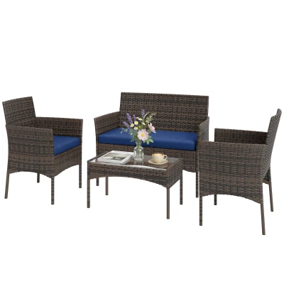 Outsunny 4 Pieces Wicker Outdoor Balcony Furniture Set Rattan Patio Furniture Set with Loveseat Chairs Glass Coffee Table Navy Blue