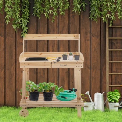 Outsunny 36" Wooden Potting Bench, Natural with Sink & Wheels