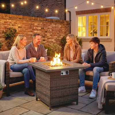 Outsunny Propane Fire Pit Table, 28 Inch 40,000 BTU Square Rattan Fire Table with Lava Rock, Pulse-Ignition Wicker Gas Fire Pit