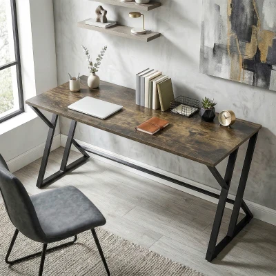 HOMCOM 55" Industrial Computer Desk, Z-Shaped Metal Legs, Rustic Brown