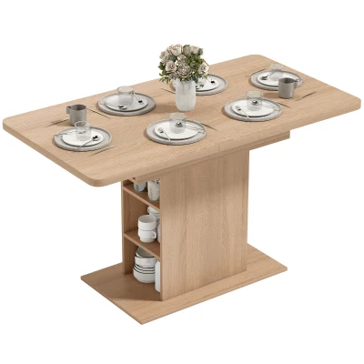 HOMCOM Extendable Dining Table for 4-6 People, 43.3"-51.2" Kitchen Table with 6 Open Shelves, Natural Wood
