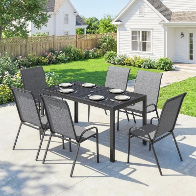 Outsunny Outdoor Dining Set for 6, Faux Wood Metal Patio Table and Mesh Stackable Chairs with Umbrella Hole, Mixed Grey