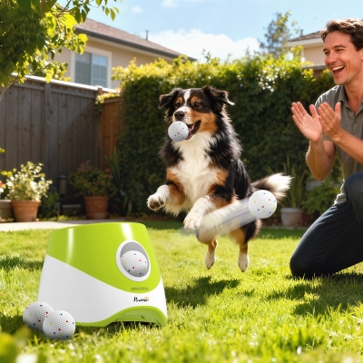 PawHut Automatic Dog Ball Launcher with 5 ETPU Balls 2.3", 3 Distance Settings 20ft, 33ft, 46ft, Green