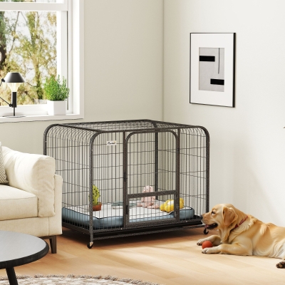 PawHut 43 Inch Heavy Duty Dog Crate, Extra Large Metal Dog Cage with Lockable Wheels and Removable Tray