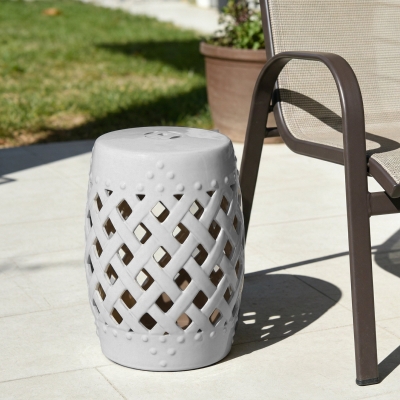 Outsunny 18" Ceramic Garden Stool with Woven Lattice Design, Indoor & Outdoor Decorative Accent Stool, White