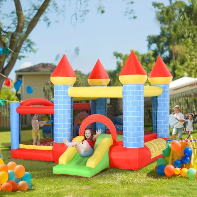 Qaba 9.2 x 9.5FT Bounce House, 4 in 1 Inflatable Bouncy Castle for Kids With Trampoline, Slide, Water Pool, Basket, Blower