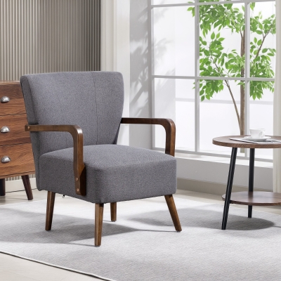 HOMCOM Accent Chair with Wooden Legs, Linen Fabric Armchair with Thick Padding, Comfy Chair for Living Room, Dark Grey