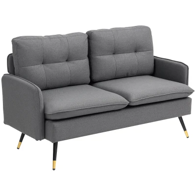HOMCOM 55" Loveseat Sofa, Linen Love Seat w/ S spring, Steel Legs and Button Tufting, Small Couch for Living Room, Dark Grey