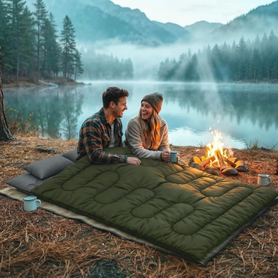 Outsunny Double Sleeping Bag for Adults, Queen Size 2 Person Sleeping Bag with 2 Pillows, for Cold Weather & Warm, Green