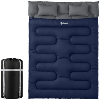 Outsunny Double Sleeping Bag for Adults, Queen Size 2 Person Sleeping Bag with 2 Pillows, for Cold Weather & Warm, Blue