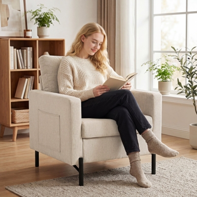 HOMCOM Accent Chair Modern Upholstered Armchair with Side Pockets and Cushion for Bedroom, Living Room, Beige