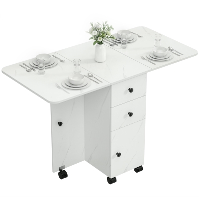 HOMCOM Drop Leaf Dining Table, Mobile Folding Table on Wheels with Drawers and Cabinet for Dining Room, Kitchen, Marble White
