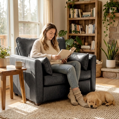 HOMCOM Accent Chair, PU Leather Armchair with Wide Seat, Spring Cushion, Rubberwood legs, 2 Pillows, Black