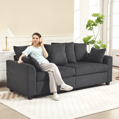 HOMCOM Corduroy Couch, 3 Seater Sofa, Modern Upholstered Couch with Curved Armrests and 8 Removable Pillows, Dark Grey
