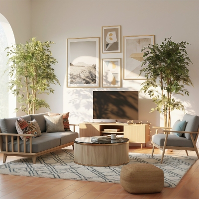 HOMCOM 6FT Artificial Banyan Tree Set of 2, Fake Potted Tree with Solid Wood Trunk and Pot for Indoor