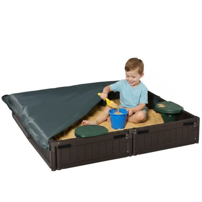 Outsunny Kids Outdoor Sandbox with Canopy, Bottom Fabric Liner, Brown