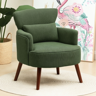 HOMCOM Modern Accent Chair, Upholstered Armchair with Solid Wood Legs and Lumbar Pillow for Living Room, Green