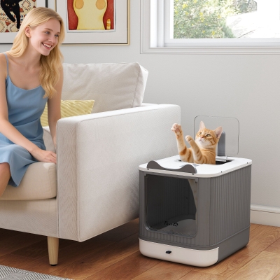 PawHut Litter Box with Lid, Enclosed Kitty Litter Box with Front-Entry, Top-Exit, Scoop, Deodorizer Bag for Medium Cats, White