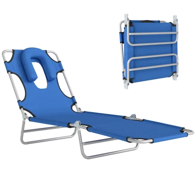 Outsunny Folding Lounge Chair Outdoor, Tanning Chair with Face Hole Arm Slots, Beach Chaise Lounger with Pillow, 5-Position Adjustable Portable Sun Lounger Bed for Pool, Blue